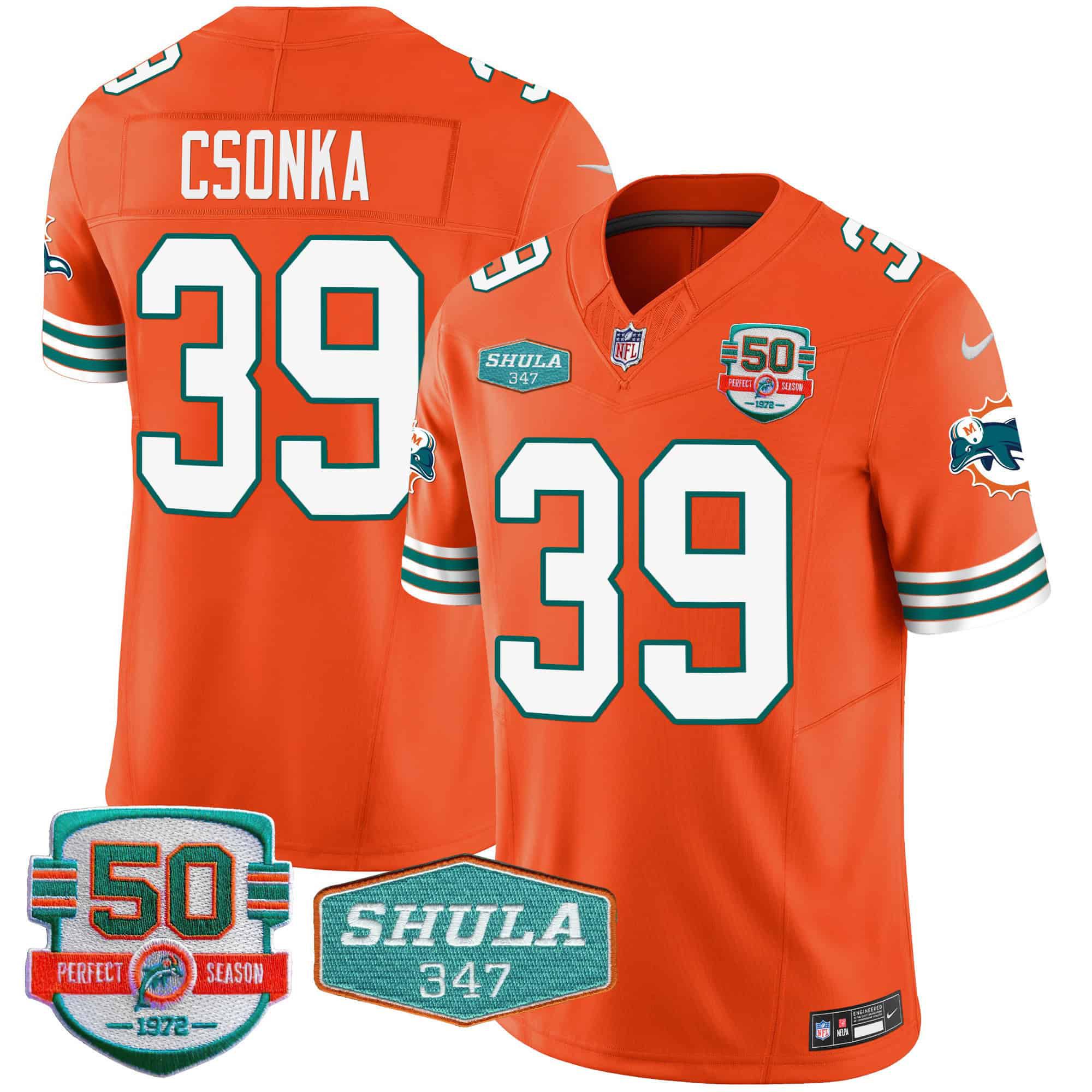 Men Miami Dolphins #39 Csonka Orange 2024 Nike Throwback Shula 347 Patch Vapor NFL Jersey
